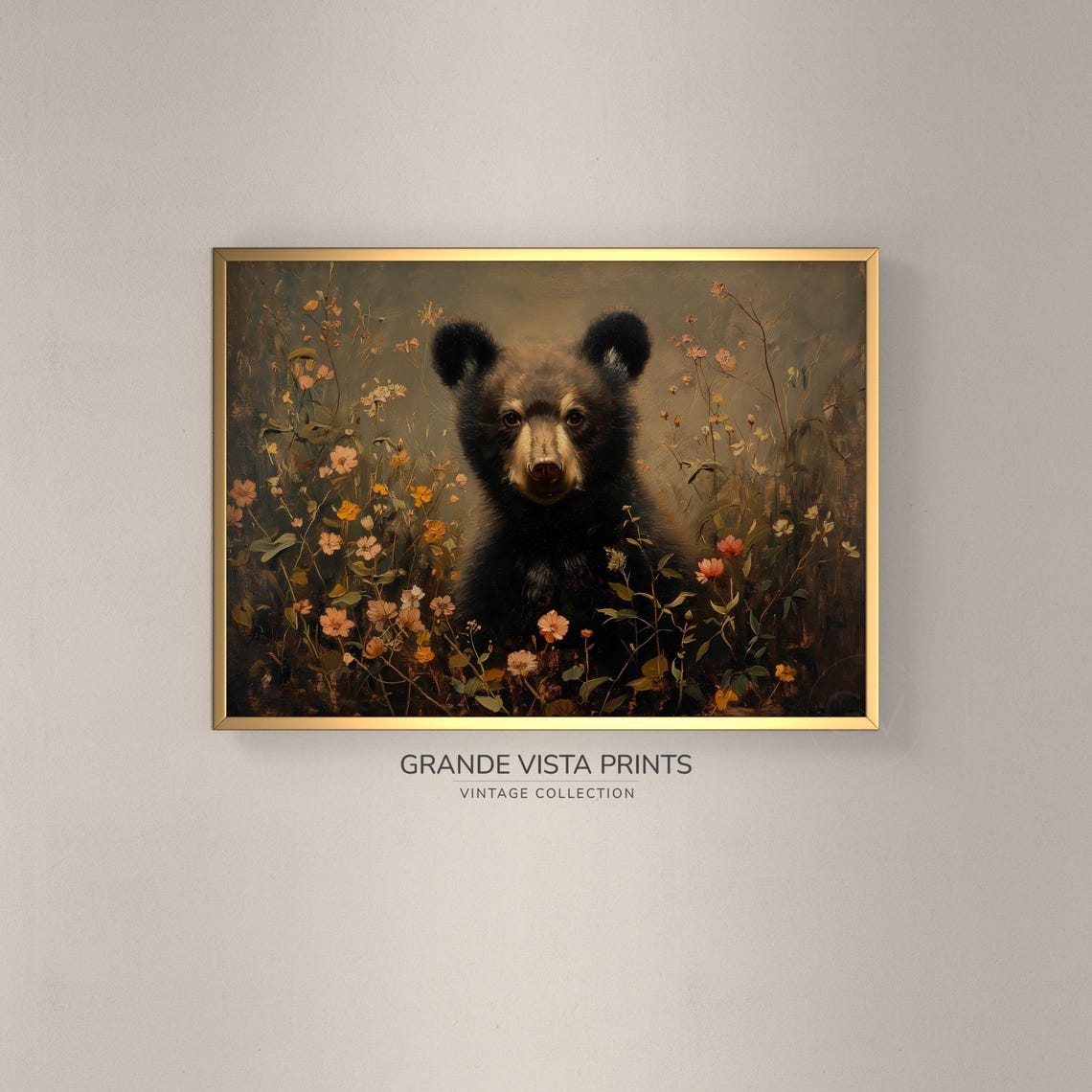 Black Bear Cub Wildflower Meadow Vintage Wildlife Wall Art Poster