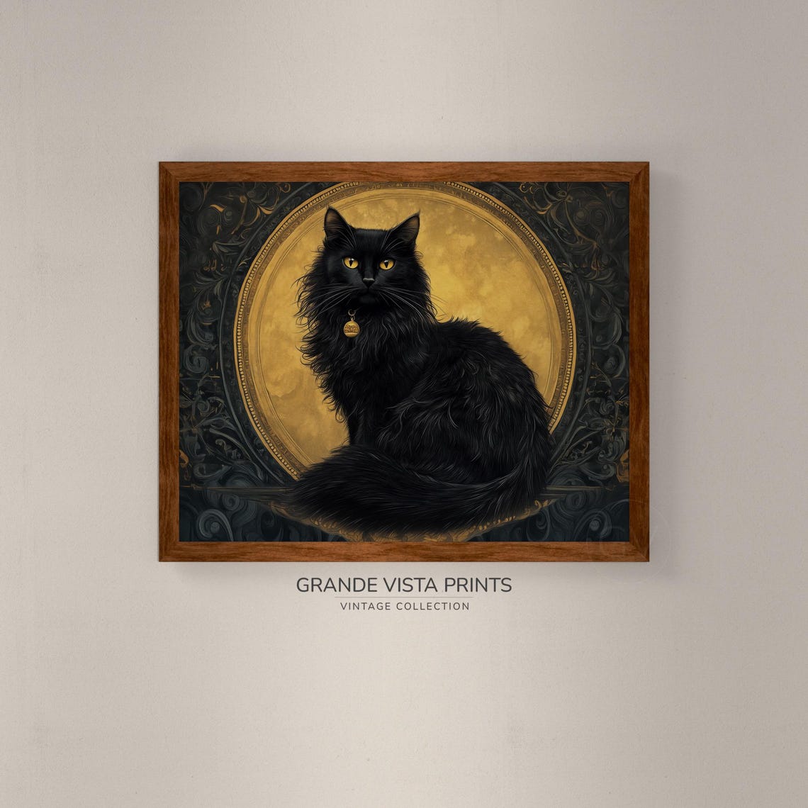 Long Haired Black Cat Golden Moon Gothic Dark Elegant Wall Art - Image 4