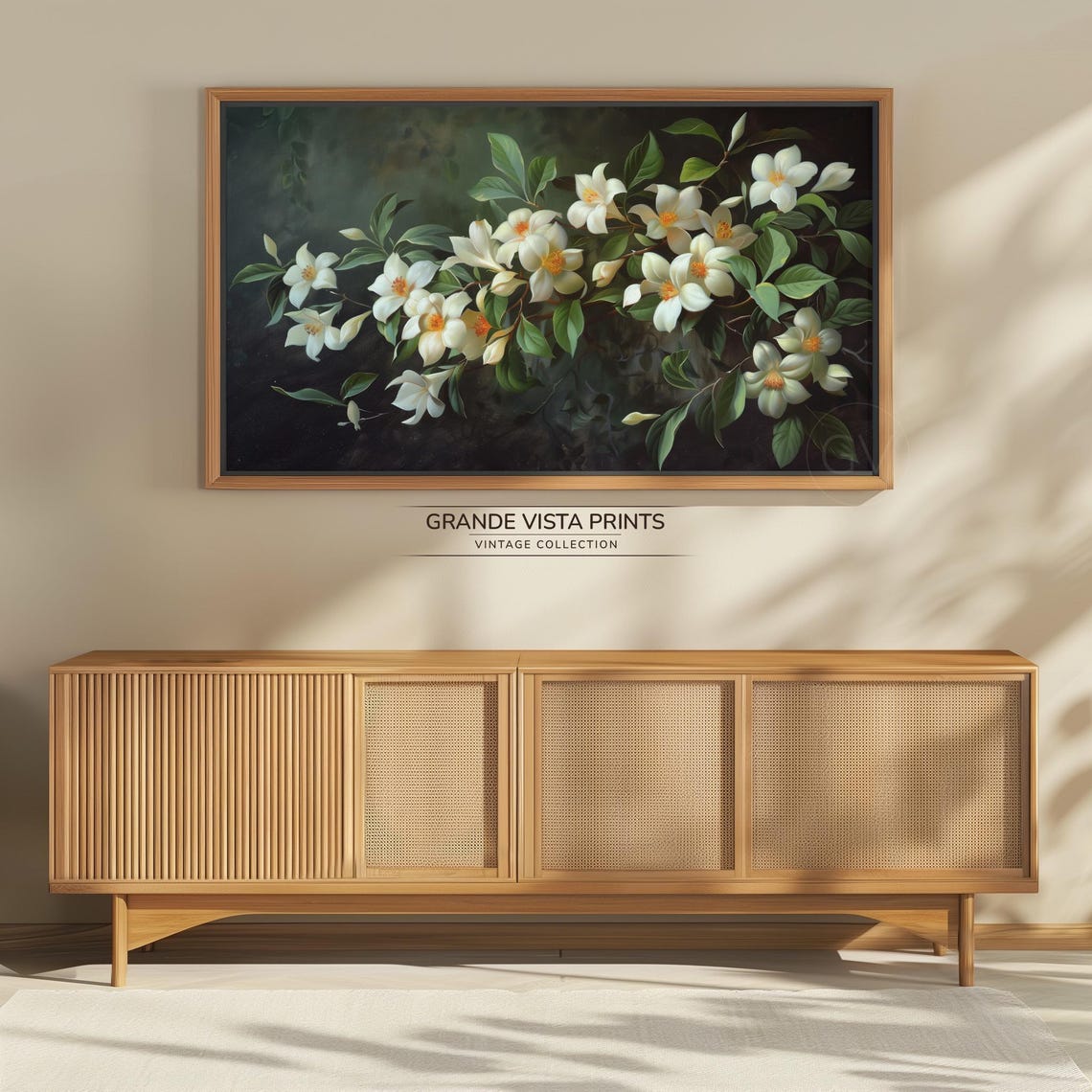 White Jasmine Flowers Dark Moody Vintage Botanical Painting Wall Art - Image 4