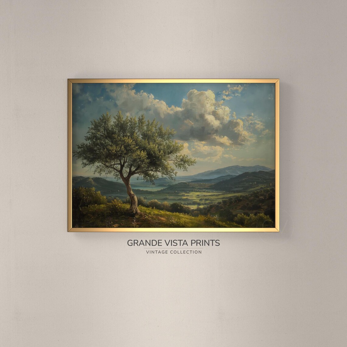 Hilltop Olive Tree Landscape Painting, Art Print