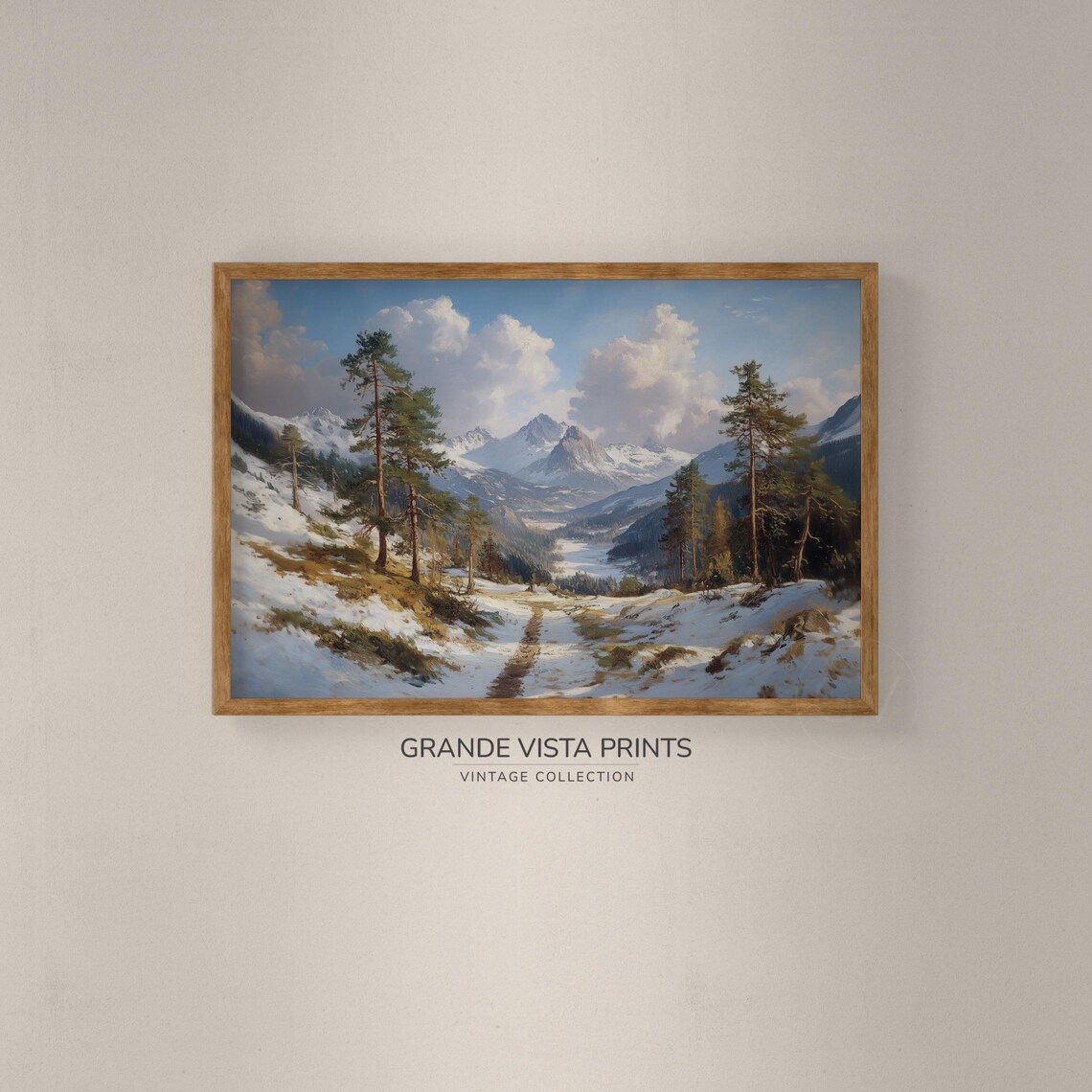 Winter Mountain Valley Snowy Pines Trail Vintage Landscape Poster - Image 2