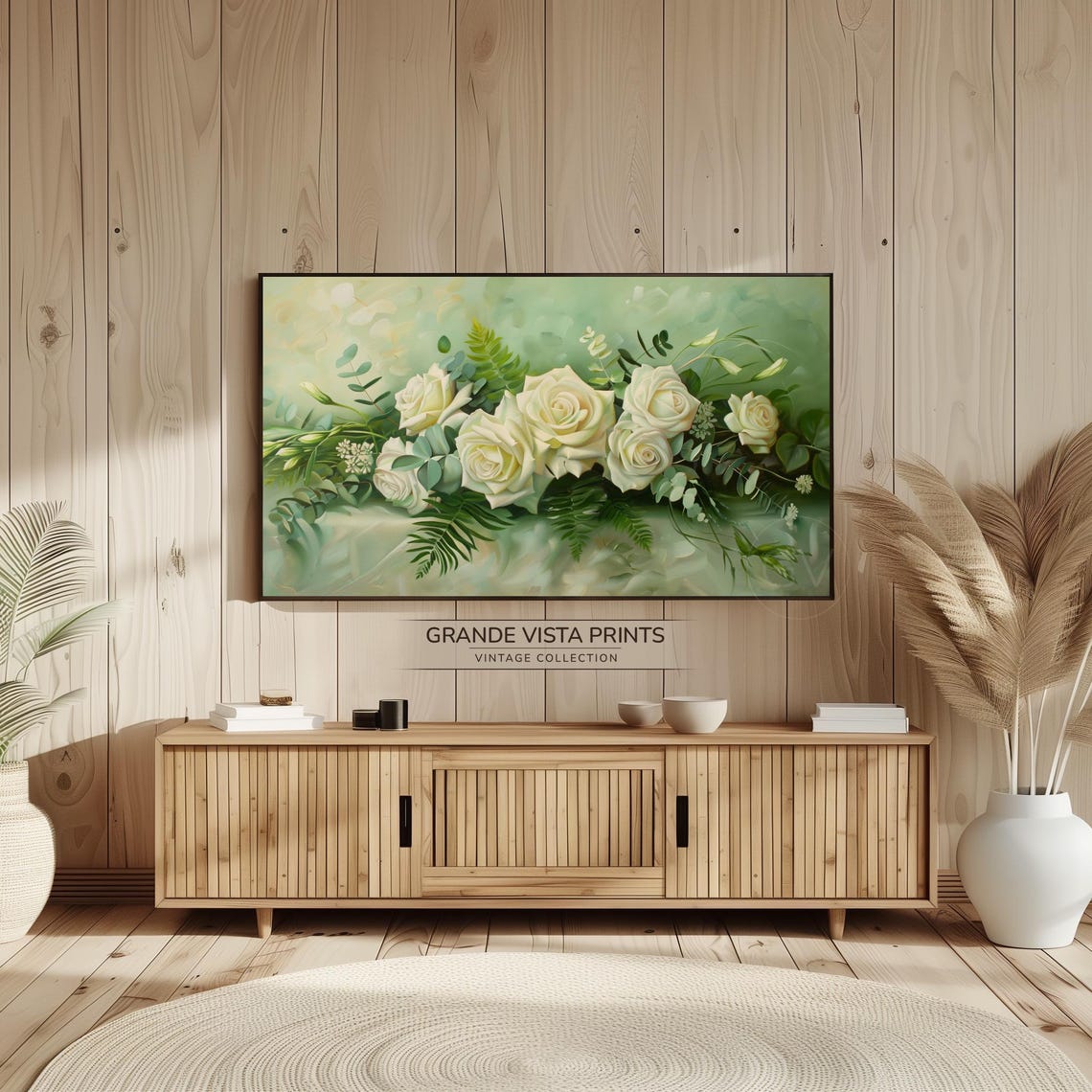 White Roses Eucalyptus Ferns Sage Green Elegant Floral Banner Wall Art - Image 2