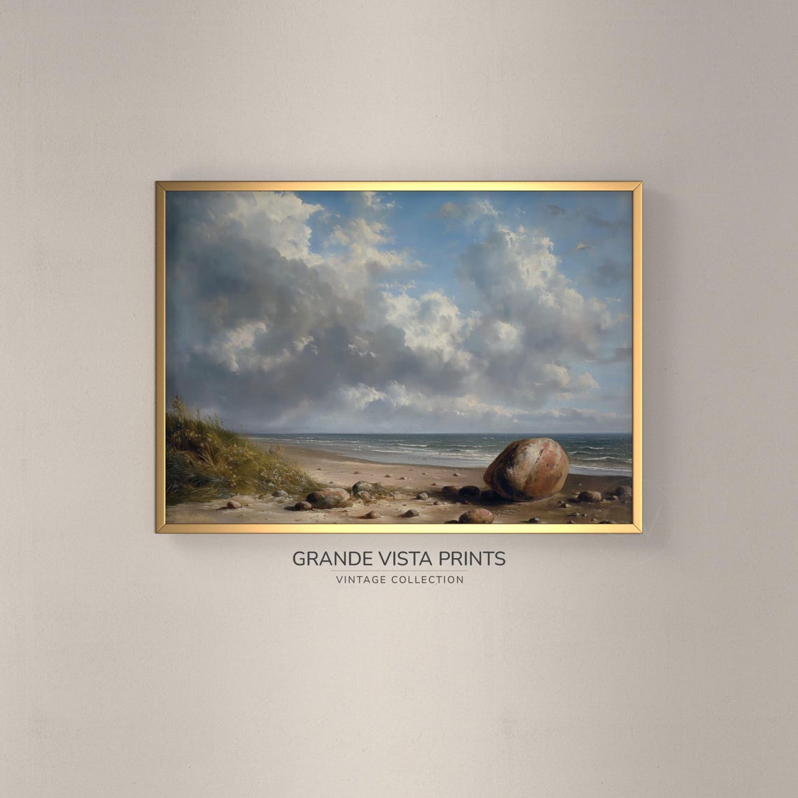 Rocky Seashore Pebble Beach Dramatic Clouds Coastal Painting Poster