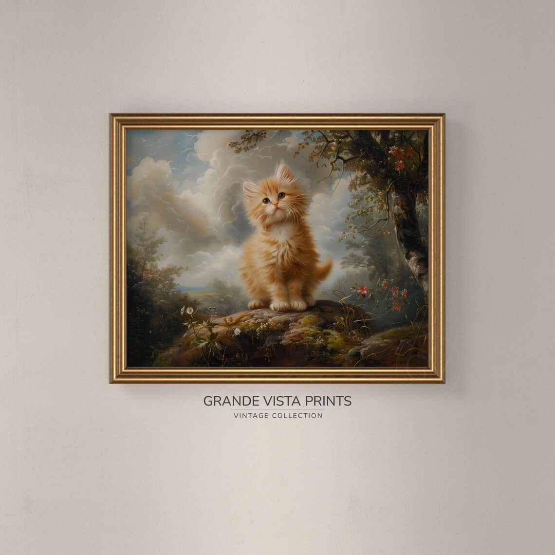 Fluffy Ginger Kitten On Rock Vintage Cute Cat Painting Animal Wall Art Poster - Image 3