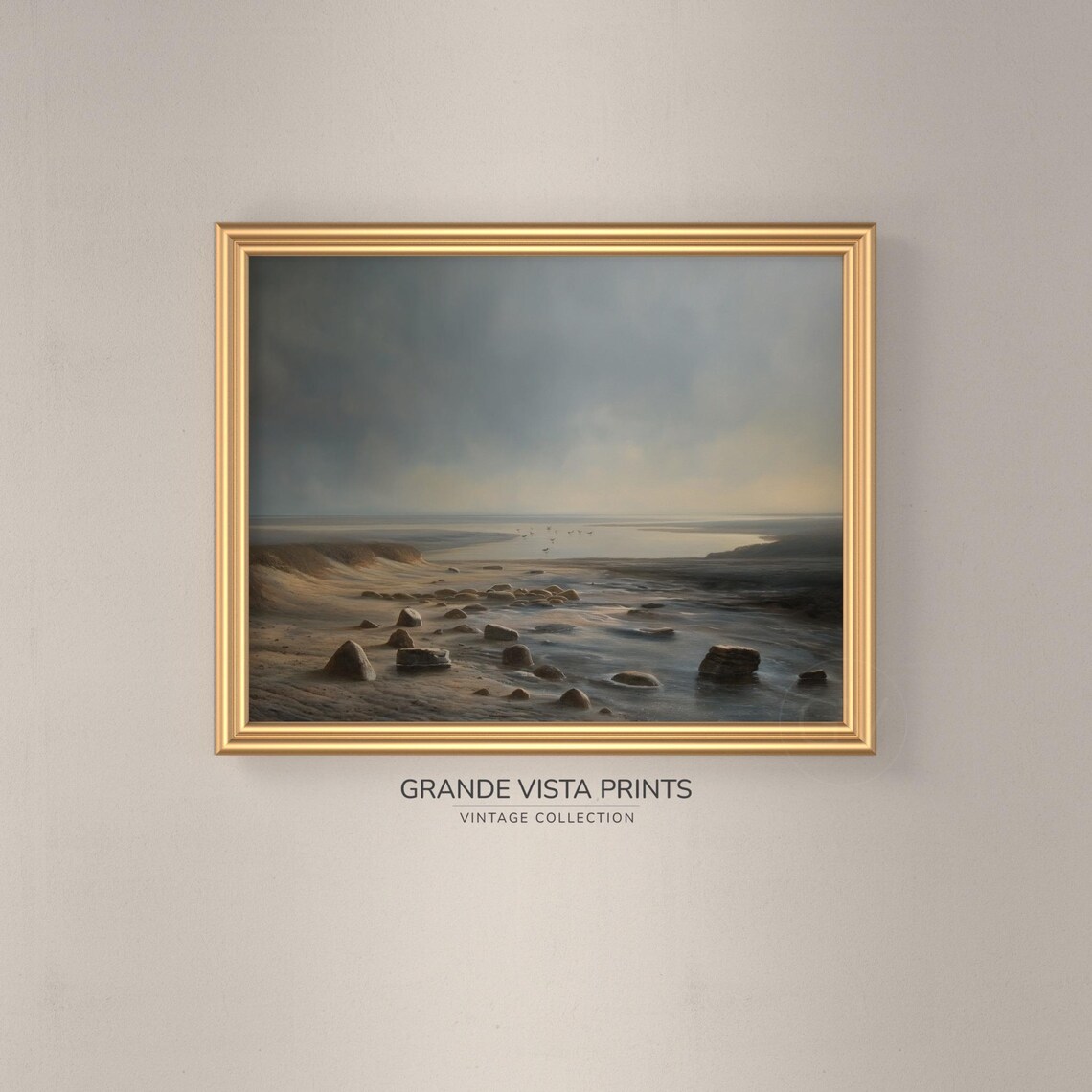 Moody Rocky Riverbank at Dusk Grey Blue Landscape Vintage Art Poster - Image 3