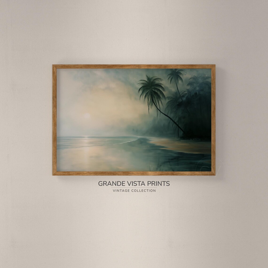 Dark Tropical Beach Misty Palm Trees Moody Ocean Shoreline Art Poster - Image 2