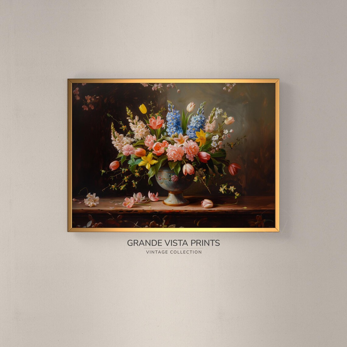Tulip Blue Hyacinth Bouquet in Vase Vintage Still Life Art Print