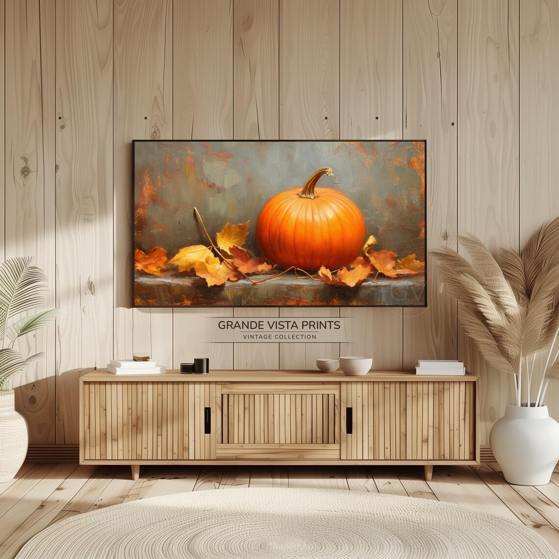Orange Pumpkin Stone Ledge Scattered Maple Leaves Vintage Fall Art Poster - Image 2
