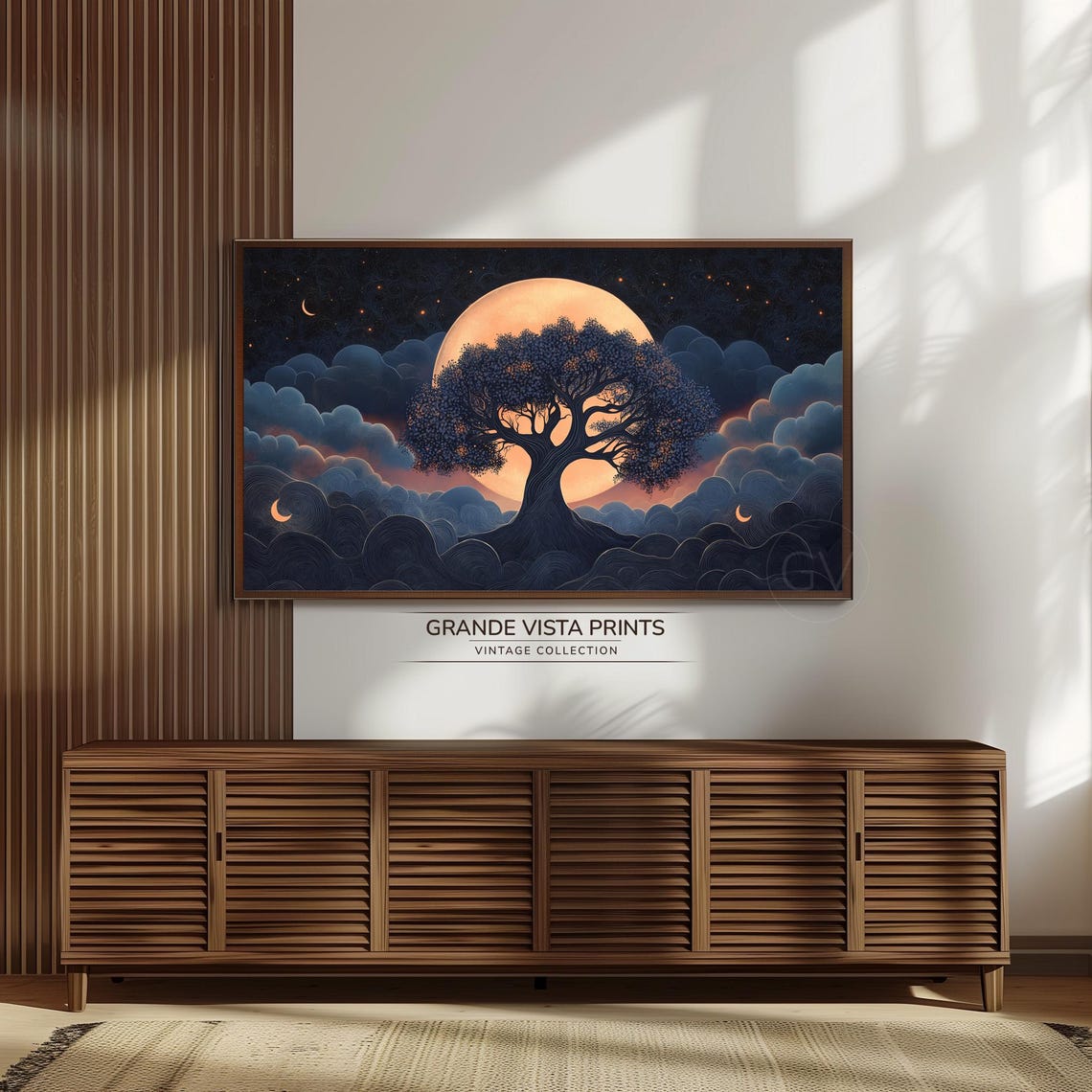 Full Moon Tree Silhouette Starry Night Waves Celestial Art Poster - Image 3