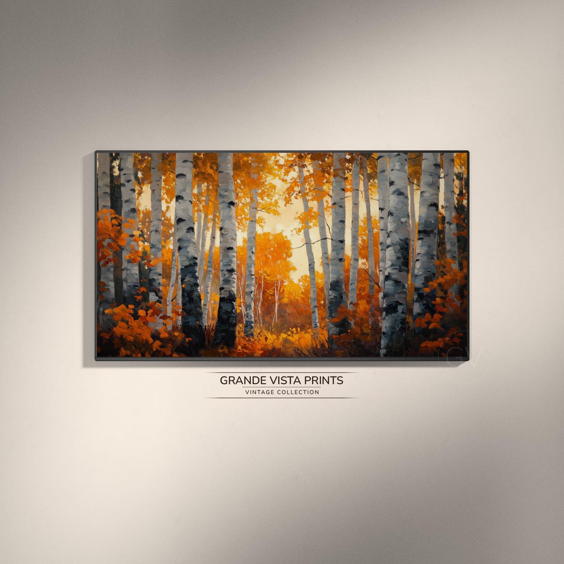 Fiery Orange Birch Forest White Trunks Sunburst Vintage Poster