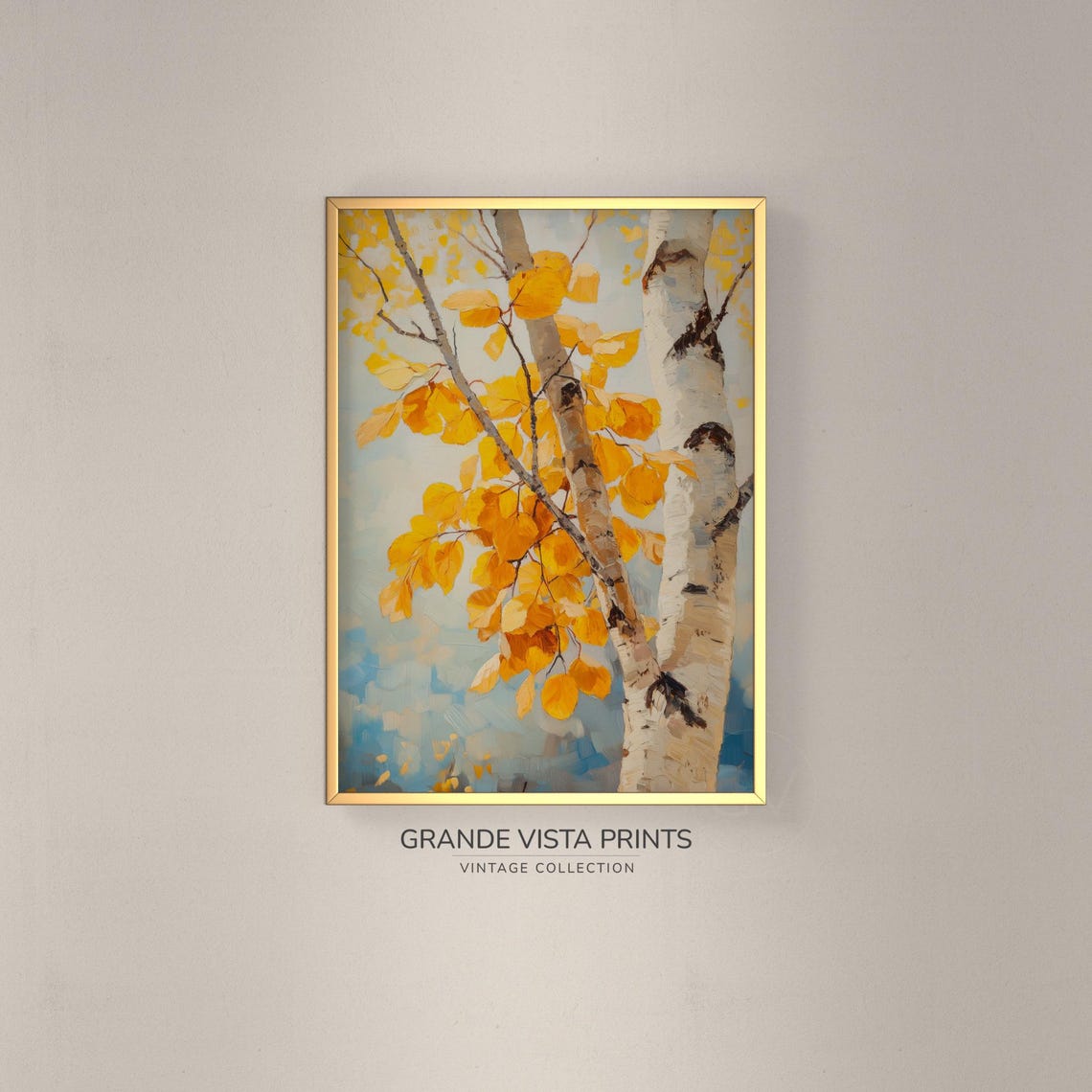 Yellow Aspen Leaves Birch Branch Blue Sky Vintage Painting Print