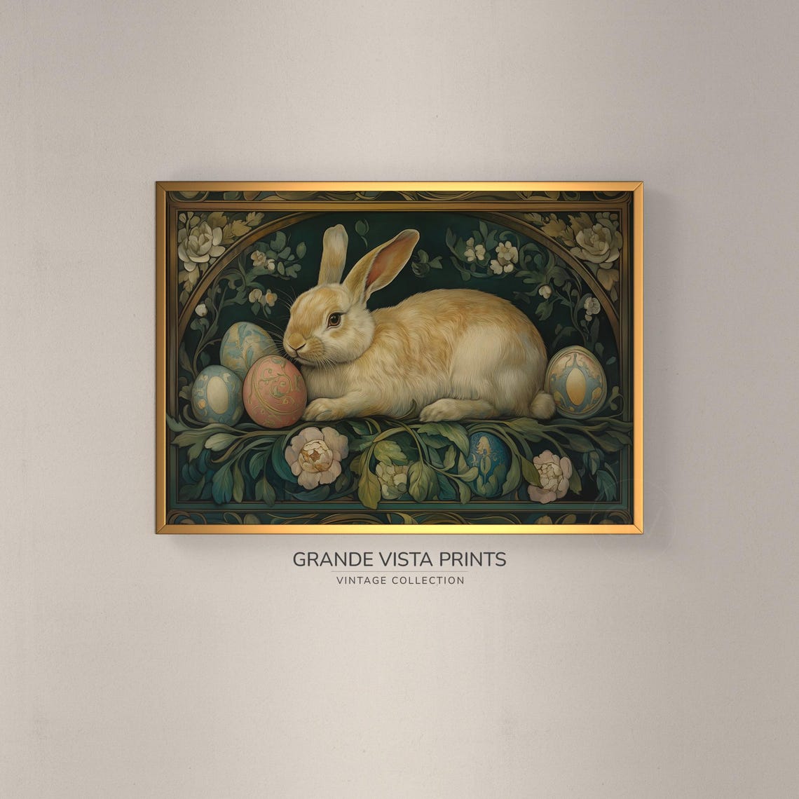 Cream Rabbit Ornate Floral Border Painted Easter Eggs Vintage Poster