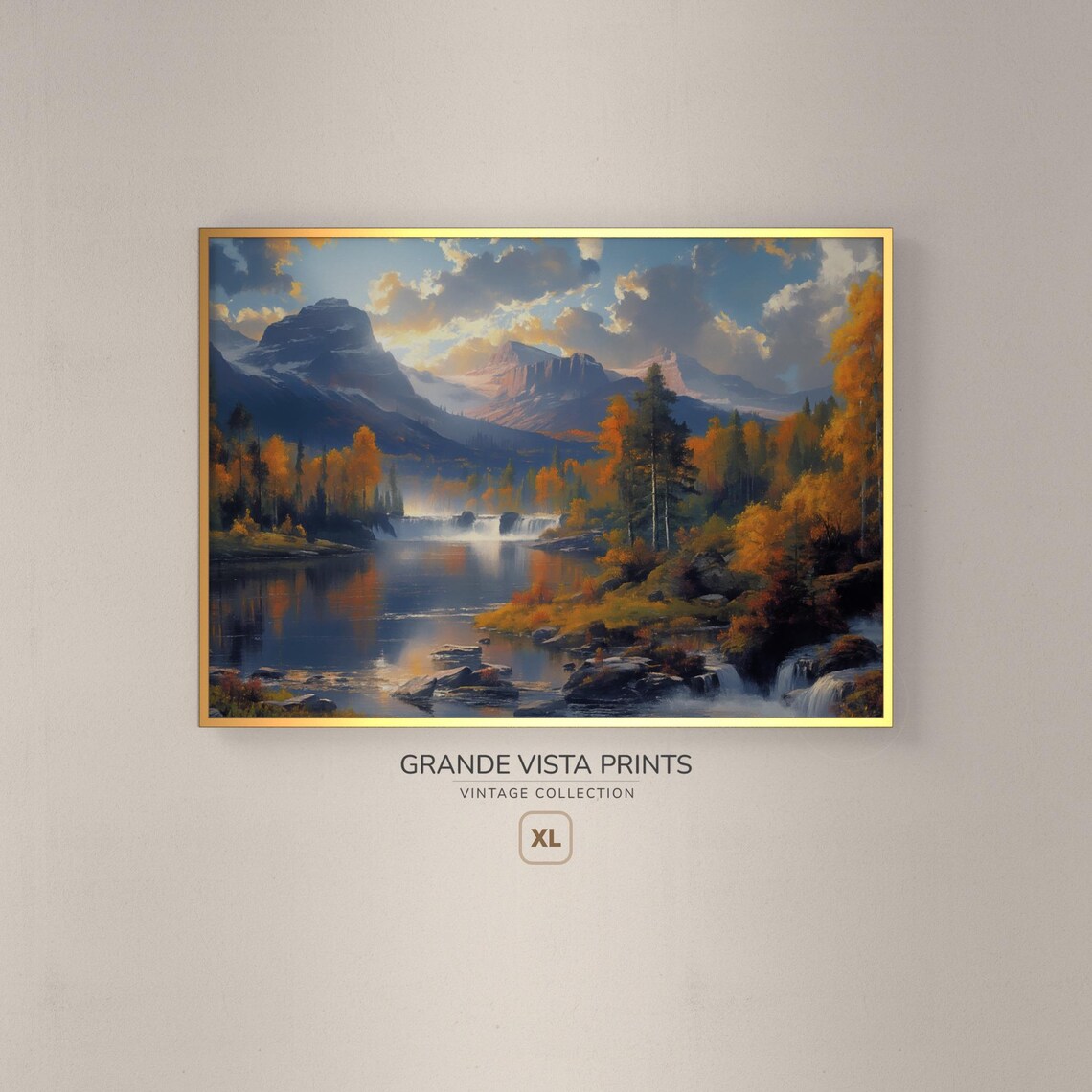 Autumn Mountain Lake Waterfall Golden Aspens Snowy Peaks Poster