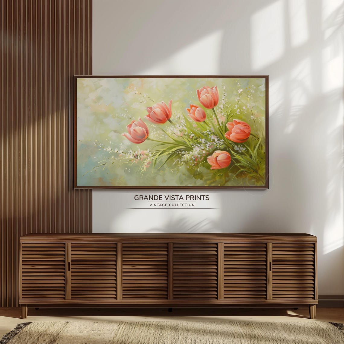 Coral Pink Tulips Babys Breath Soft Green Impressionist Floral Poster - Image 3