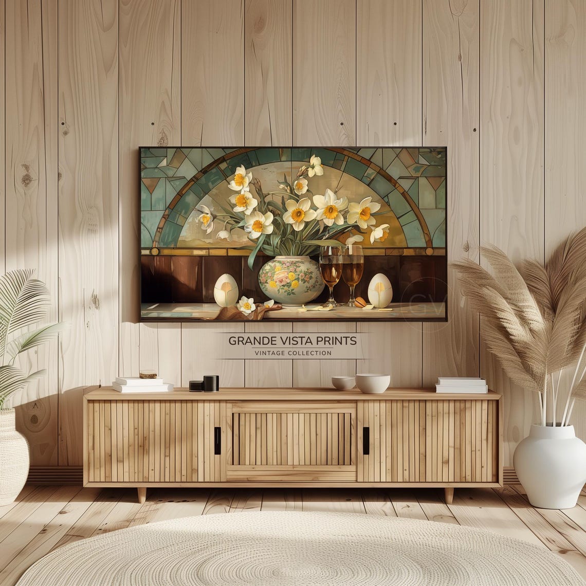 Easter Daffodil Still Life with Eggs Wine Glasses Stained Glass Print - Image 2