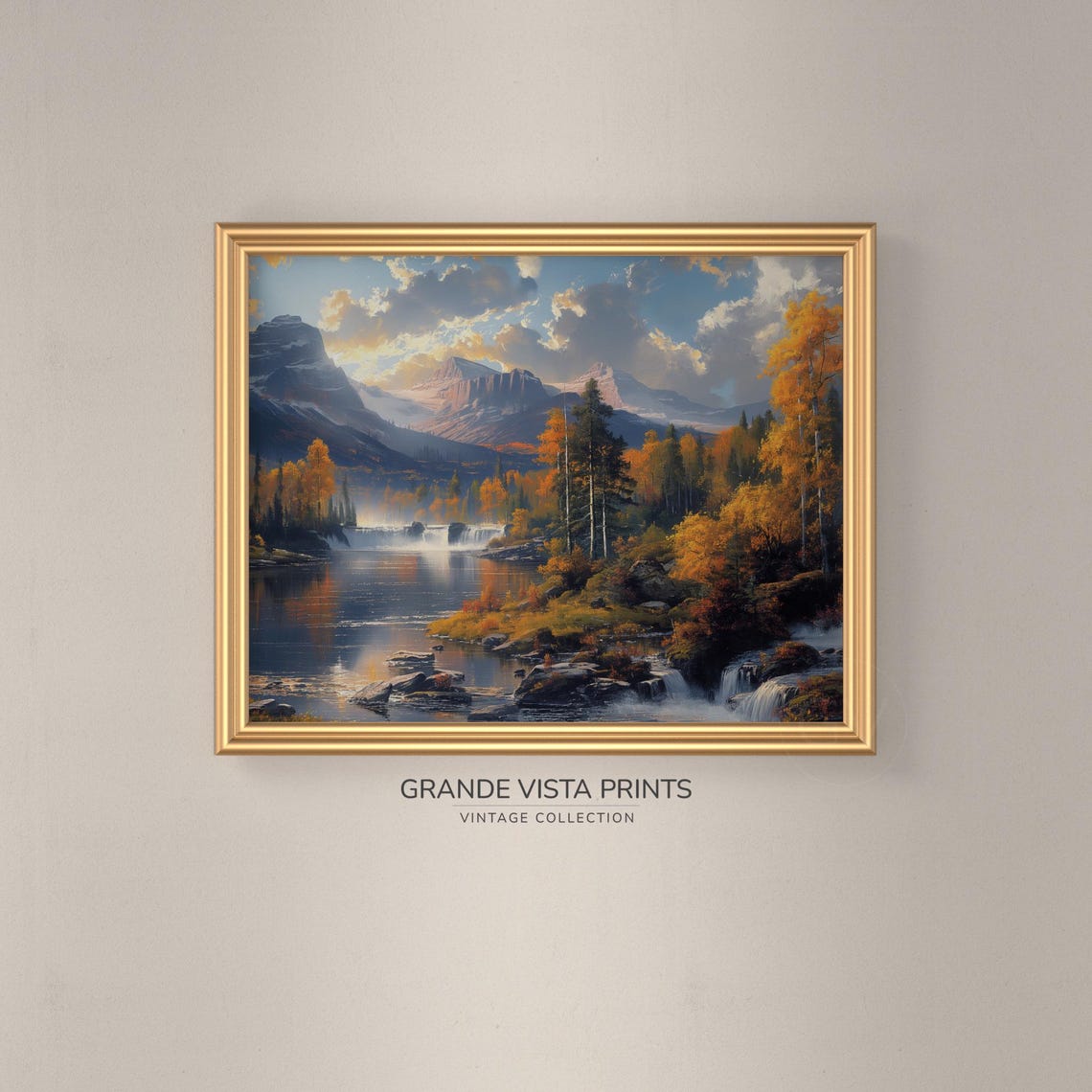 Autumn Mountain Lake Waterfall Golden Foliage Vintage Landscape Poster - Image 3