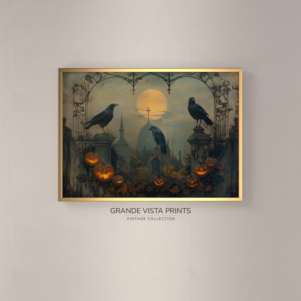 Three Crows Perched on Iron Arch With Pumpkins Gothic Halloween Poster