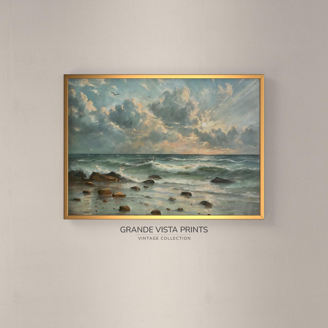 Rocky Beach Sunrise Waves Dramatic Sky Vintage Coastal Art Poster