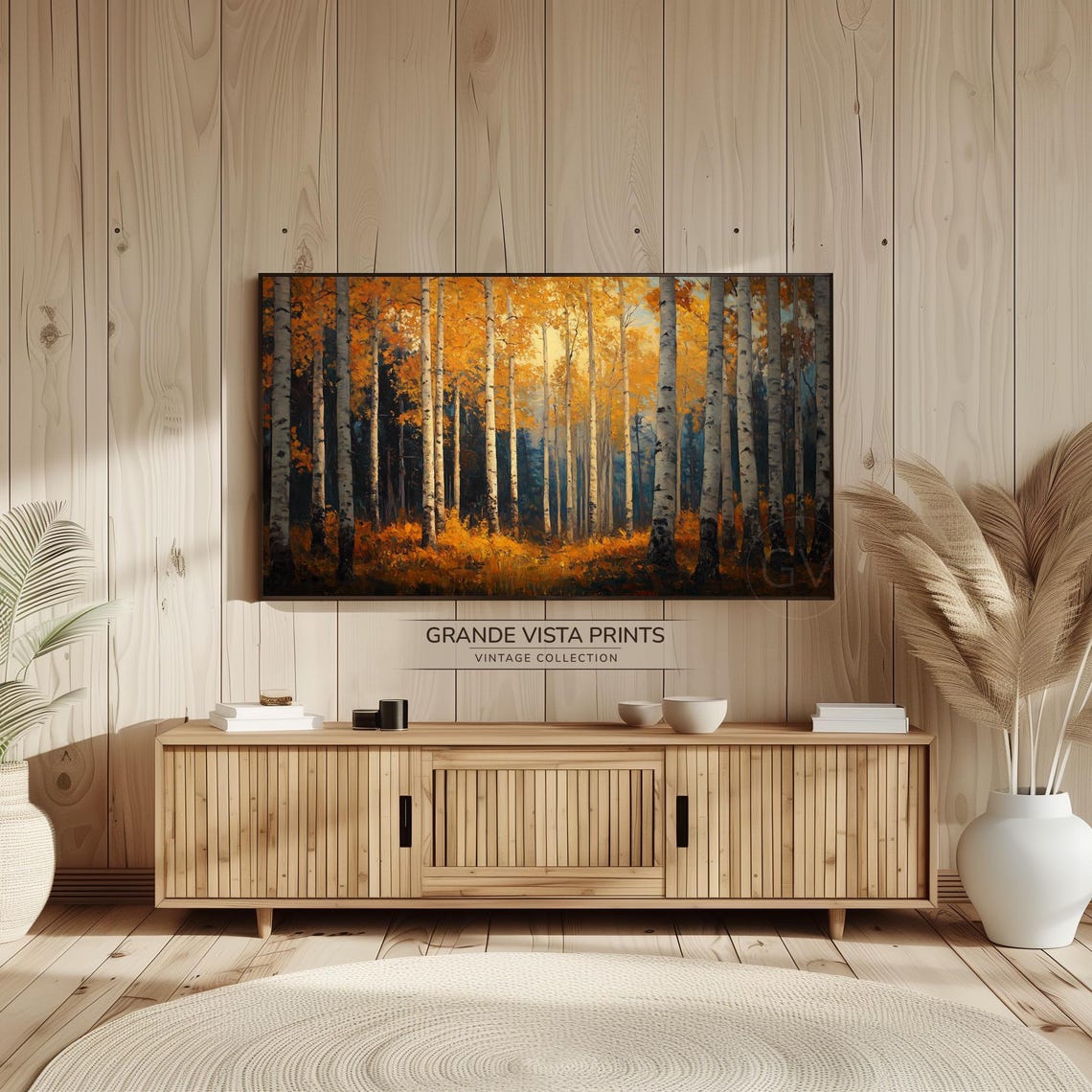 Dense Orange Autumn Birch Grove Dark Blue Vintage Forest Poster - Image 2