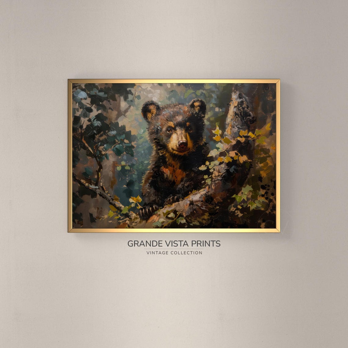 Black Bear Cub Forest Branch Vintage Wildlife Portrait Wall Poster