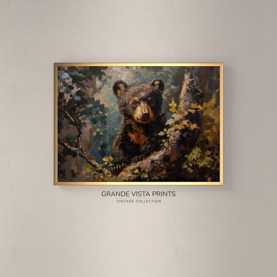 Black Bear Cub Forest Branch Vintage Wildlife Portrait Wall Poster
