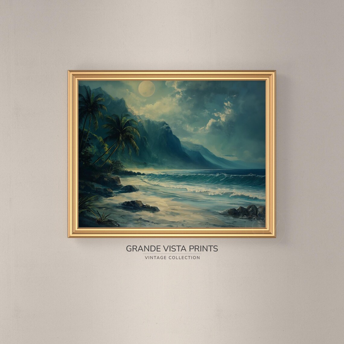Tropical Night Coast Full Moon Palms Surf Mountain Travel Poster - Image 3