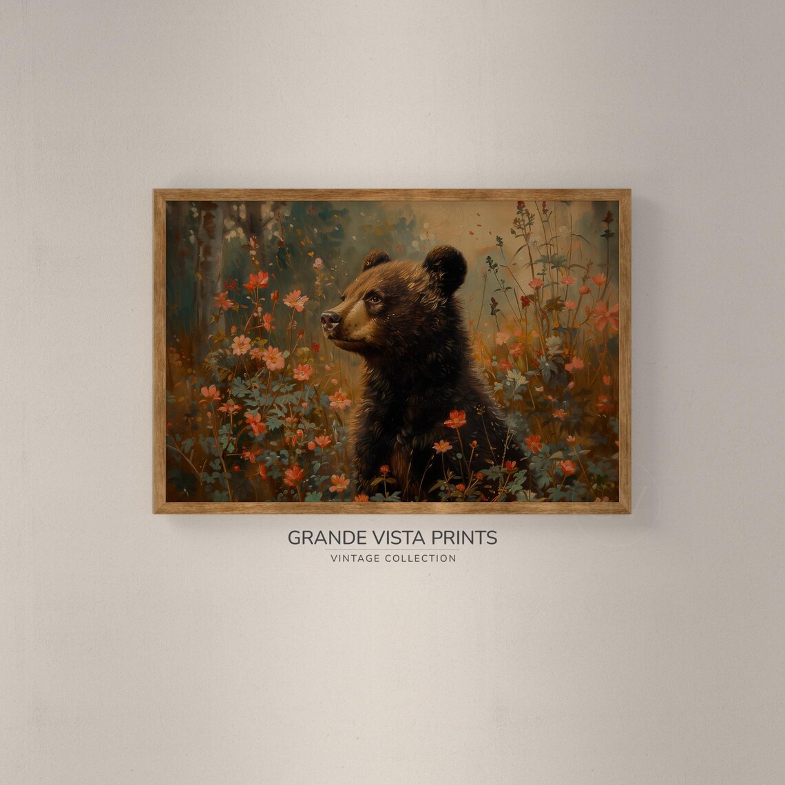 Bear Cub Red Wildflower Profile Vintage Wildlife Wall Art Poster - Image 2