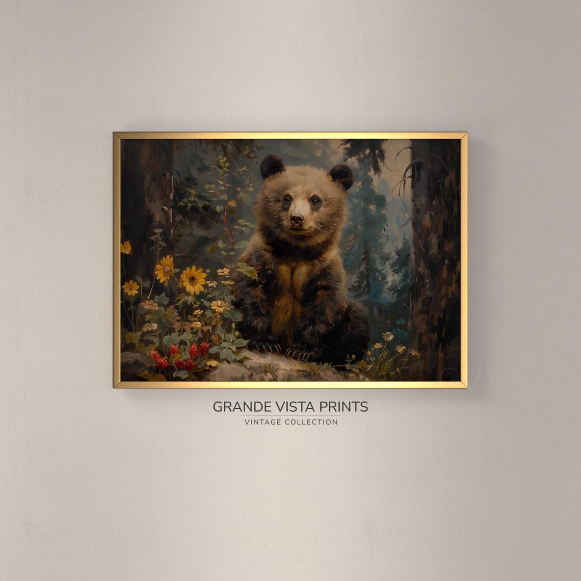 Brown Bear Cub Daisy Forest Vintage Wildlife Portrait Wall Poster