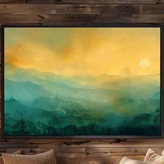 Foggy Sunset Framed Landscape Art Boho Wall Decor Large Wall Art Oversized Horizontal Wall Decor Panoramic Living Room Wall Art