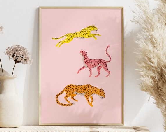 Pink Cheetah Animal Wall Art Print Unframed Boho Tropical Jungle Animal Poster Fun Colourful Gallery Wall