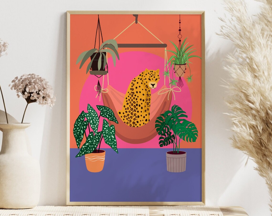 Leopard In Hammock Tropical Boho Art Print
