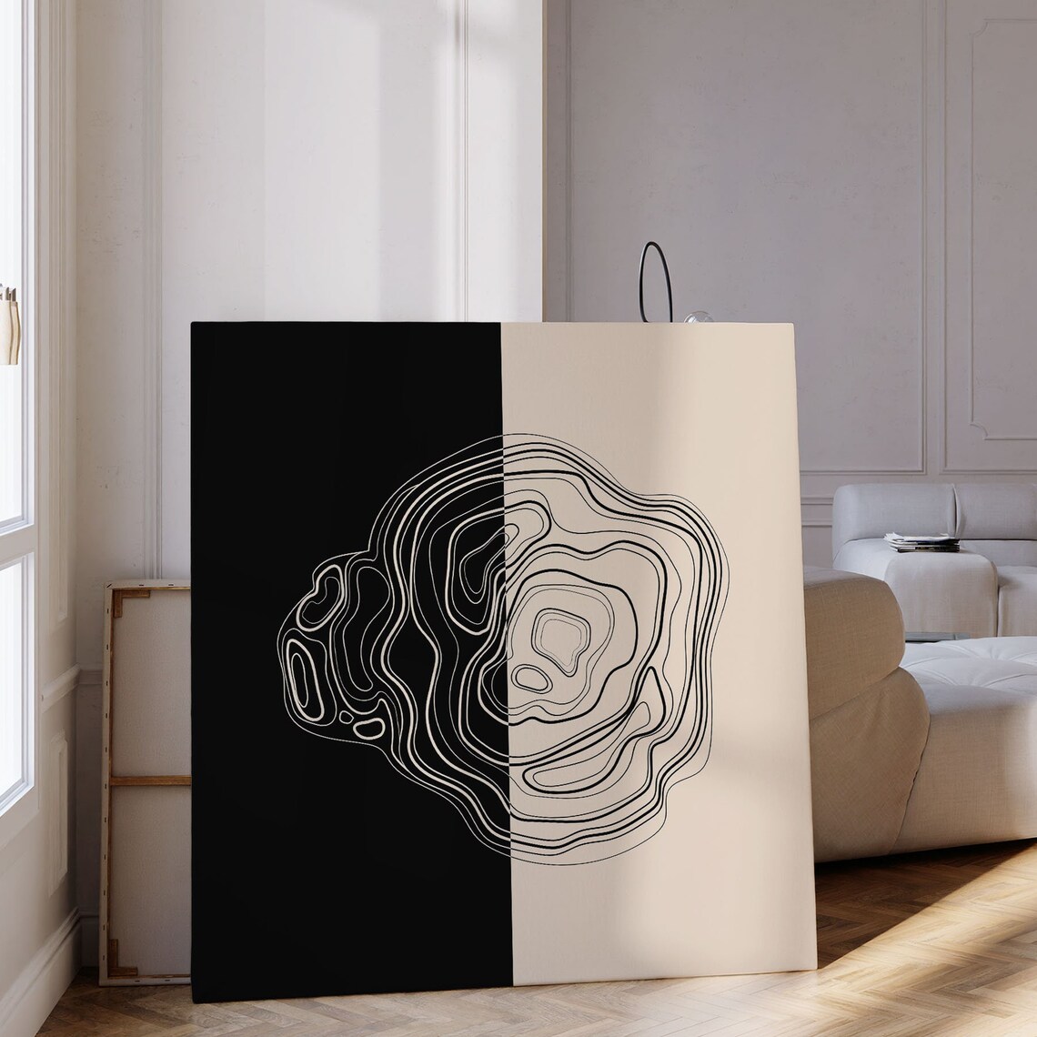 Black Cream Split Canvas Topographic Contour Line Art Poster