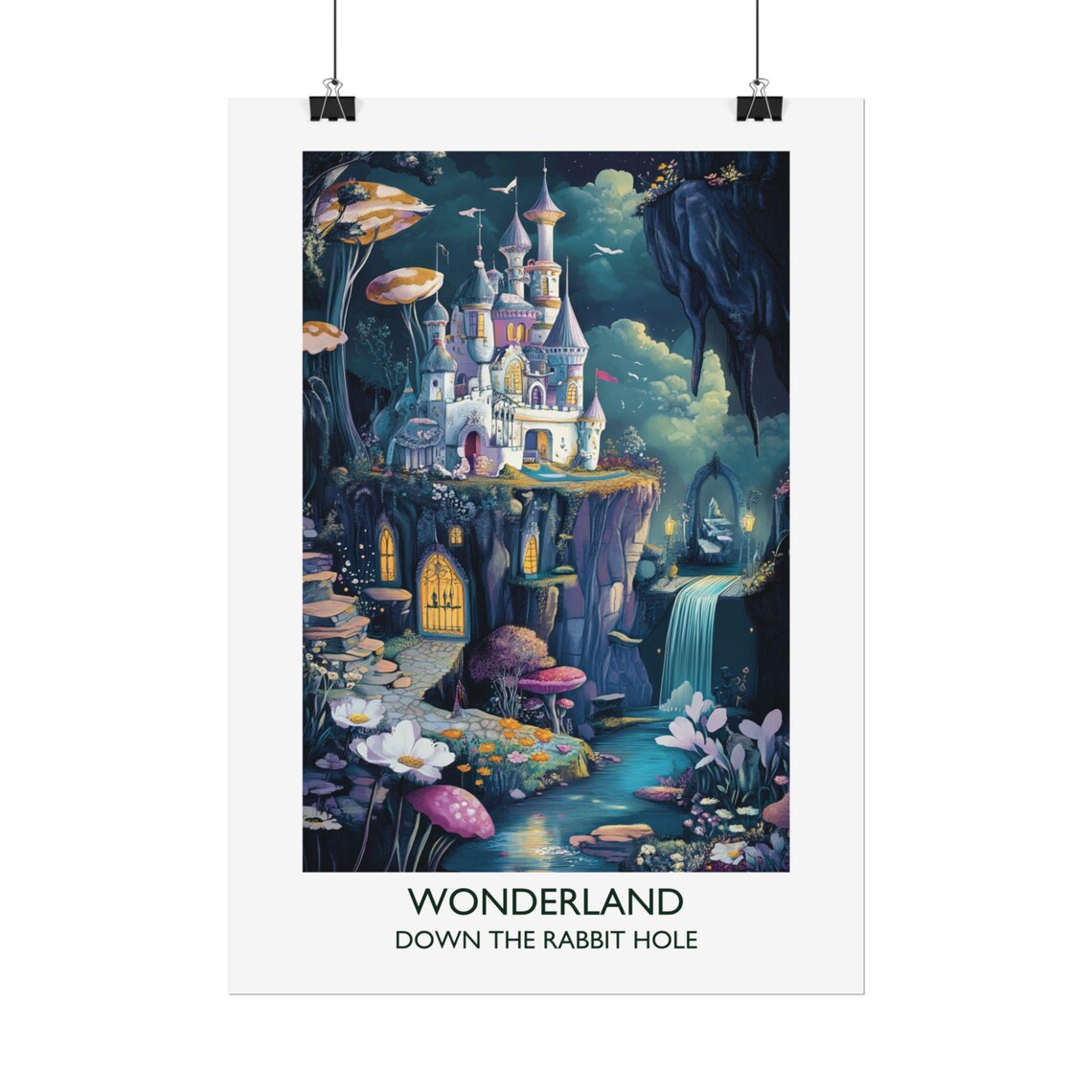 Wonderland Castle Mushroom Falls Whimsical Literary Travel Poster - Image 2