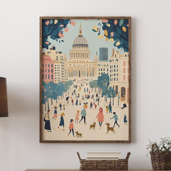 St Pauls Cathedral London Crowd Trees Dog Walkers Illustration Poster