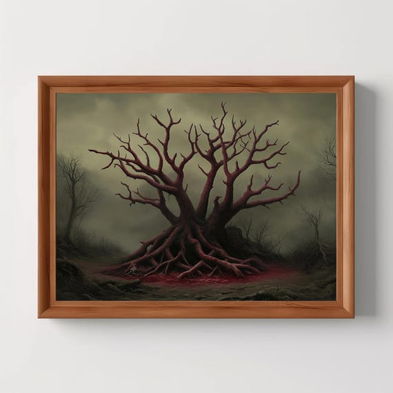 Skeletal Tree Painting Gothic Horror Landscape Macabre Wall Art Muted Nature Print Goth Decor