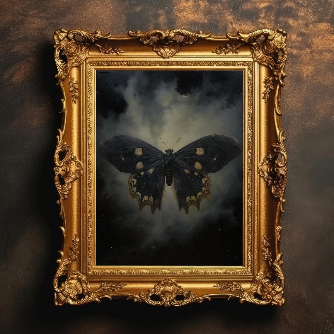 Dark Black Moth In Mist Gothic Vintage Oil Painting Wall Art