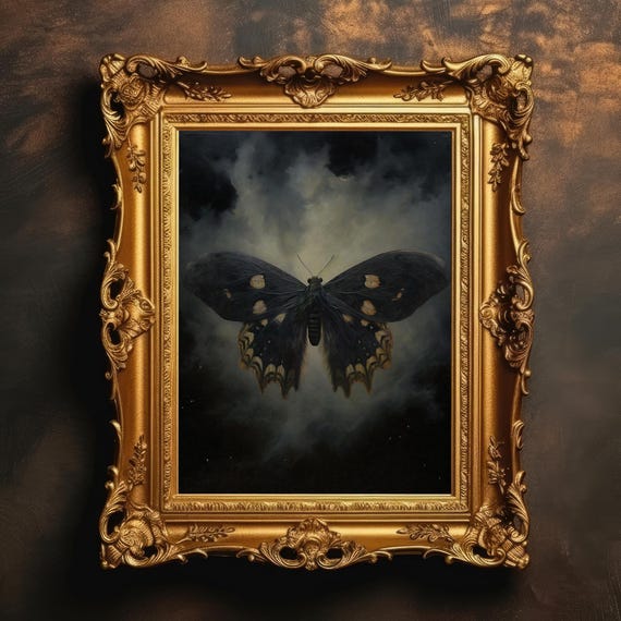 Moth In Mist Dark Academia Vintage Oil Painting Gothic Room Decor Moody Wall Art Fairycore Print