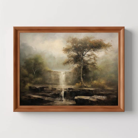 Misty Waterfall Landscape Vintage Wall Art Antique Oil Painting Soft Muted Green Print Nature Home Decor
