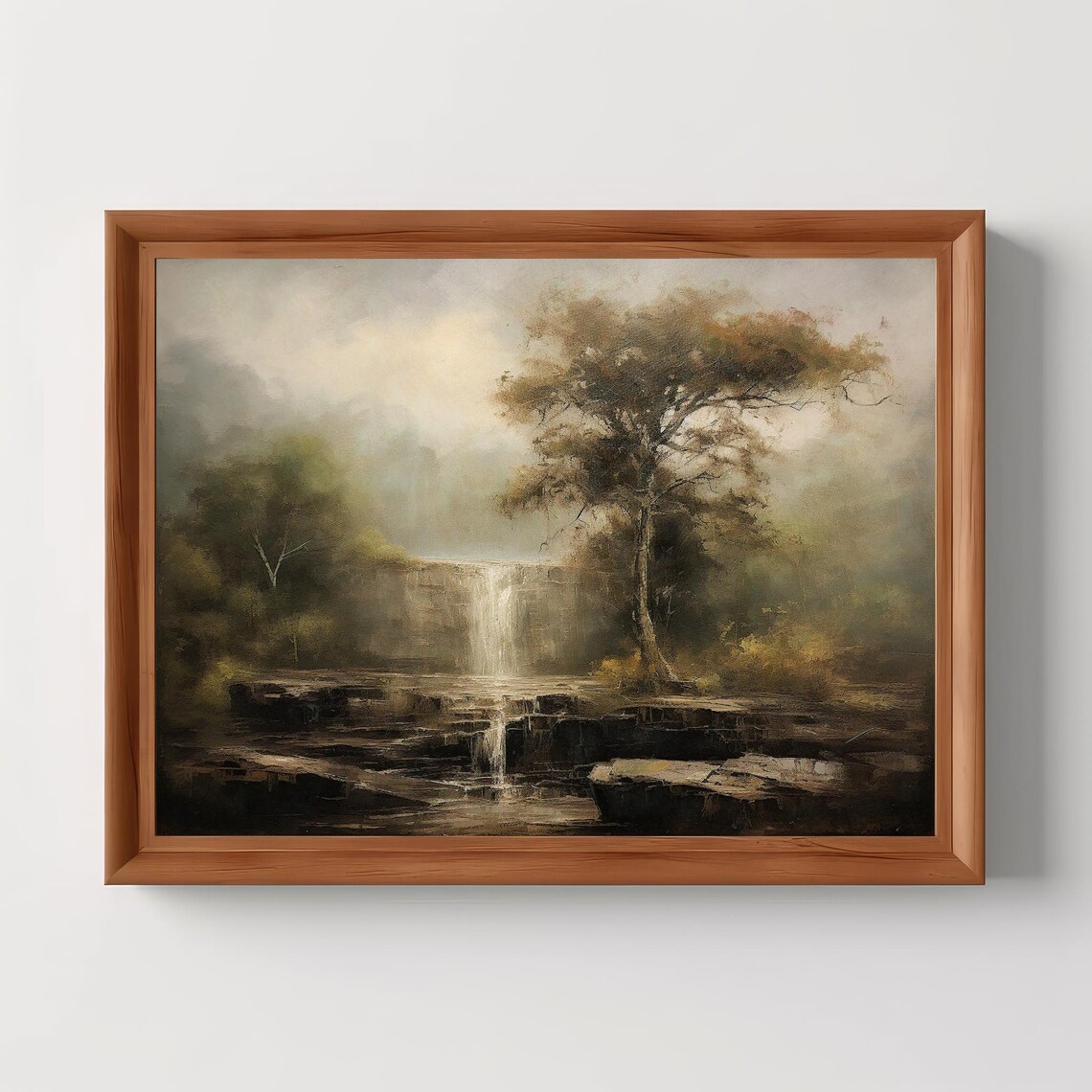 Misty Waterfall Forest Antique Oil Painting Landscape Poster