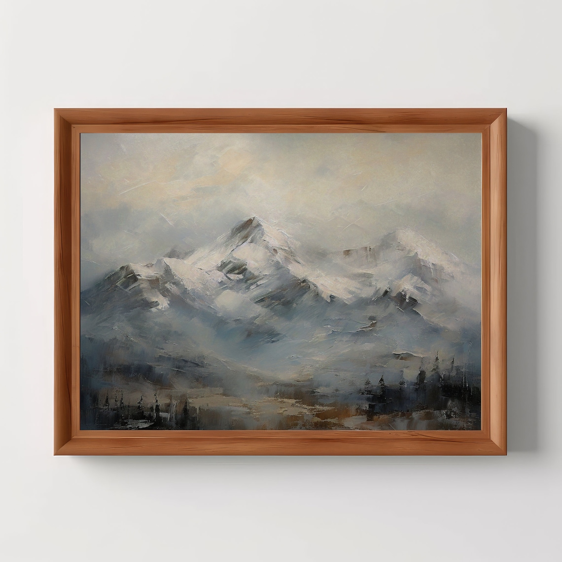 Snow Covered Mountain Peaks Misty Rustic Winter Oil Painting Poster