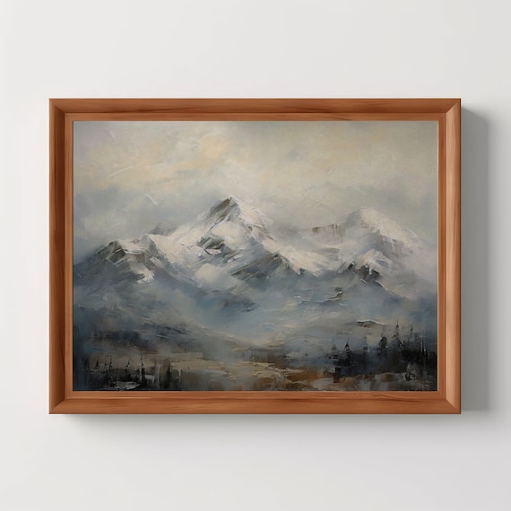Snow Covered Mountain Peaks Misty Rustic Winter Oil Painting Poster