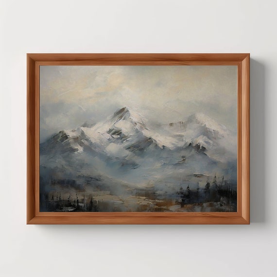 Snow Mountain Rustic Winter Landscape Dark Academia Vintage Antique Oil Painting Cabin Art Print