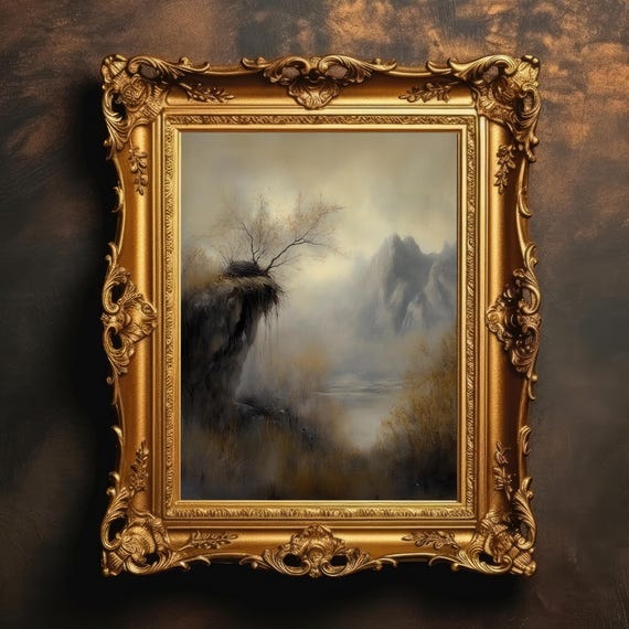 Misty Mountain Landscape Bird Nest Painting Vintage Wall Art Muted Nature Decor Moody
