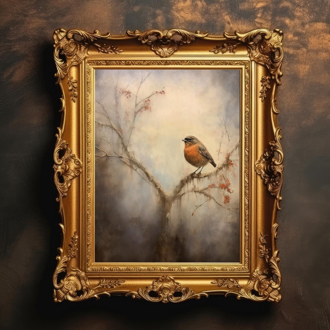 Winter Robin Vintage Bird Painting Art Print
