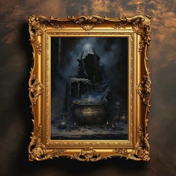 Witch Cauldron Ritual Halloween Decor Dark Academia Painting Vintage Artwork Antique