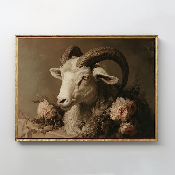 White Ram Curved Horns Roses Dark Still Life Oil Painting Print