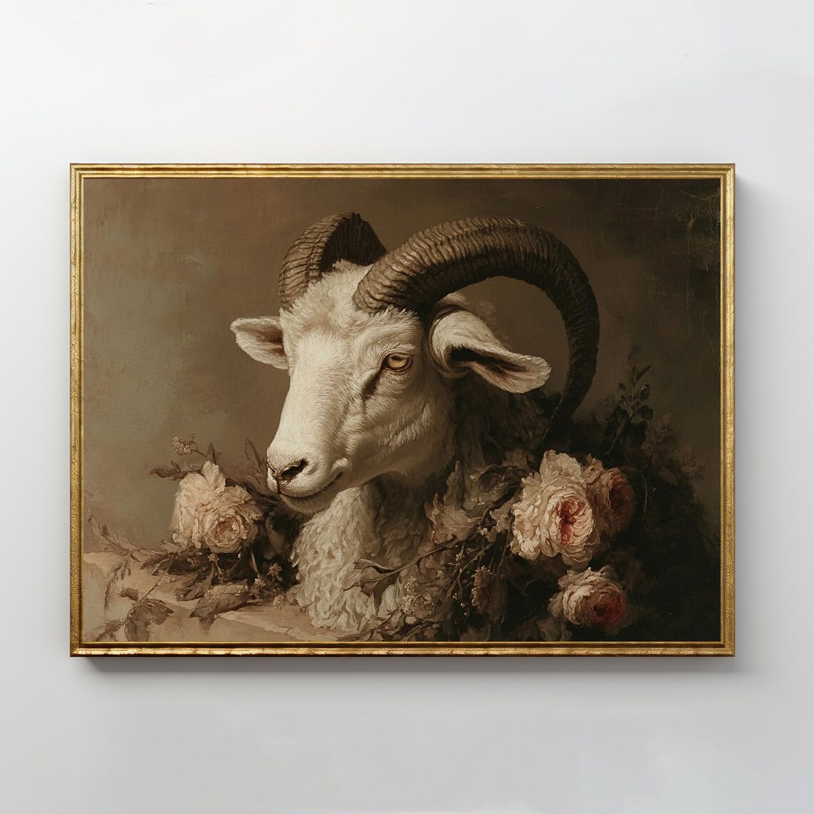 White Ram Curved Horns Roses Dark Still Life Oil Painting Print