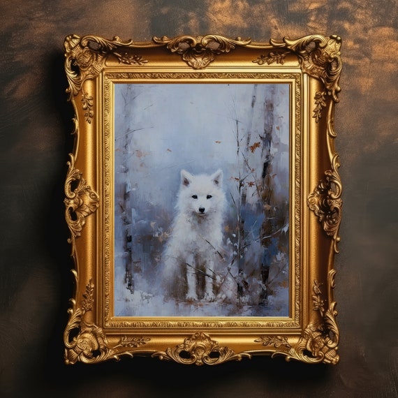 Arctic Fox Winter Snow Landscape Moody Wall Art Antique Oil Painting Vintage