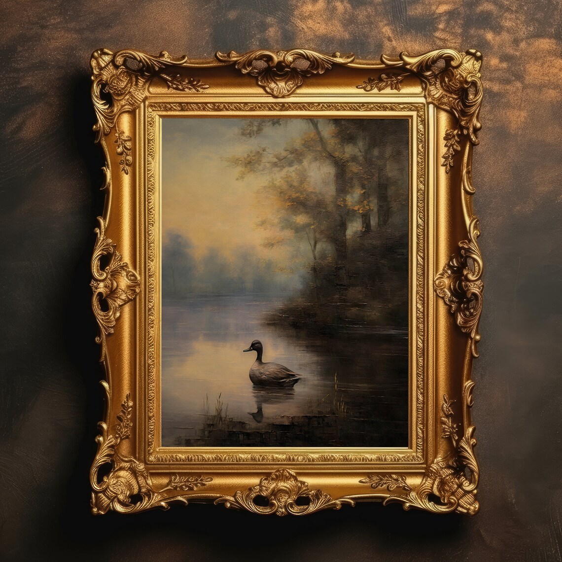Duck Lake Trees Landscape, Moody Nature Art Print