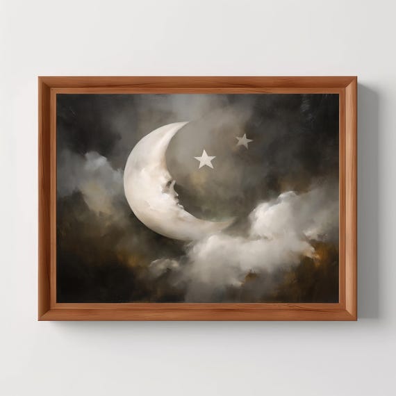 Dreamy Crescent Moon Art Print Stars Celestial Wall Whimsical Gothic Decor Vintage Fantasy Sky Dark Academia